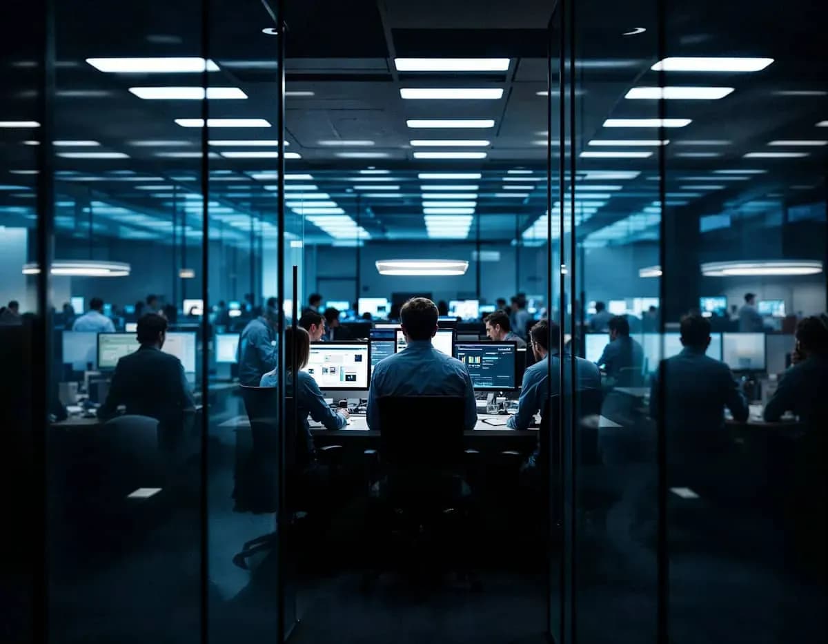 People working on computers in a dimly lit modern office with glass partitions and reflections.