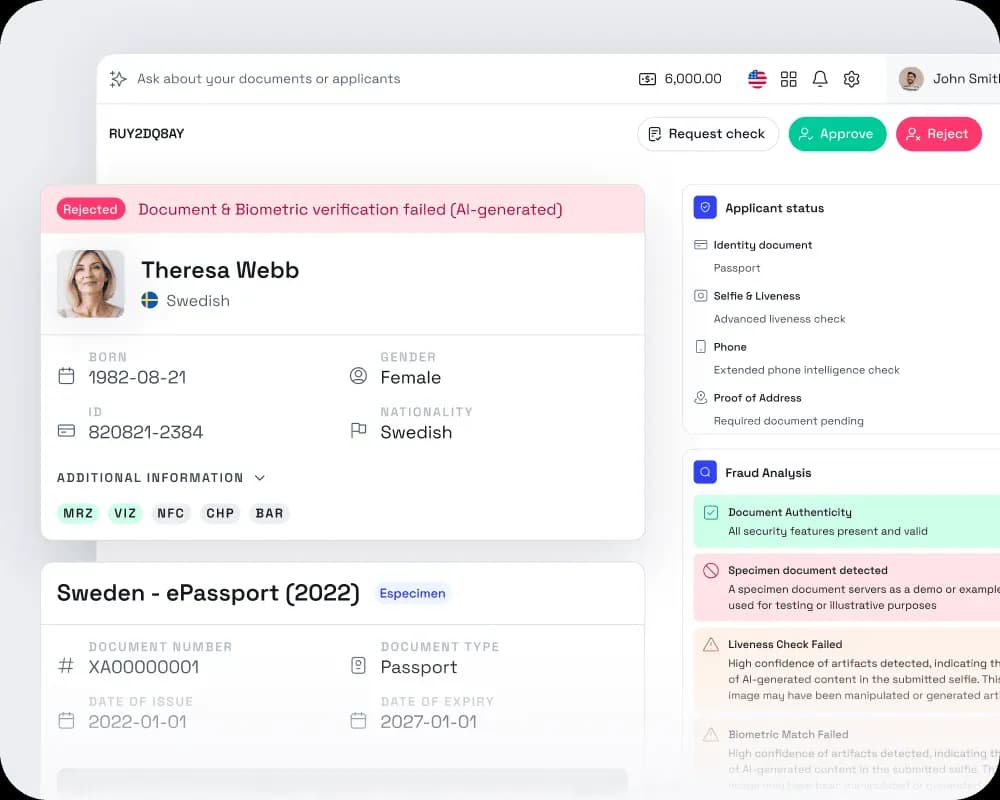 User interface showing rejected document and biometric verification, with passport details and fraud analysis results indicating specimen document detected and failed liveness and biometric match checks.