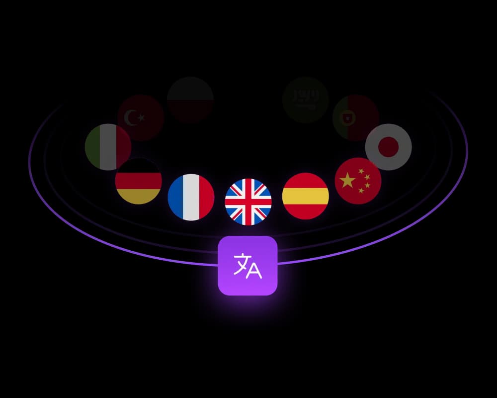 Icon with a central purple translation symbol surrounded by circular flags representing various countries including the UK, France, Germany, Spain, China, Japan, Turkey, Italy, Poland, Saudi Arabia, and others.