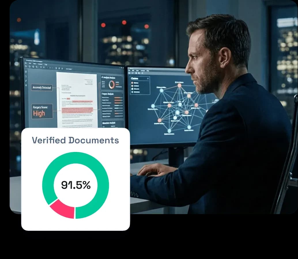 Man working at a desk with two monitors displaying document analysis and network data, inset shows 91.5% verified documents.