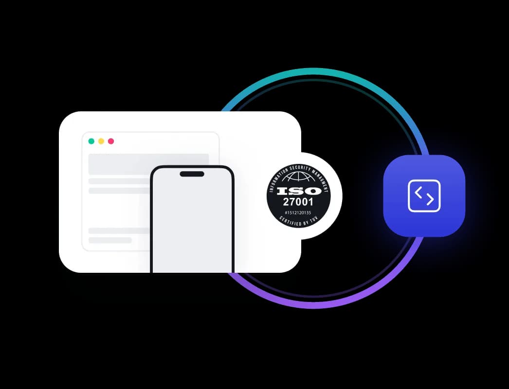 Illustration showing a web browser window and smartphone with an ISO 27001 certification badge, connected by colorful circular lines to a coding icon.