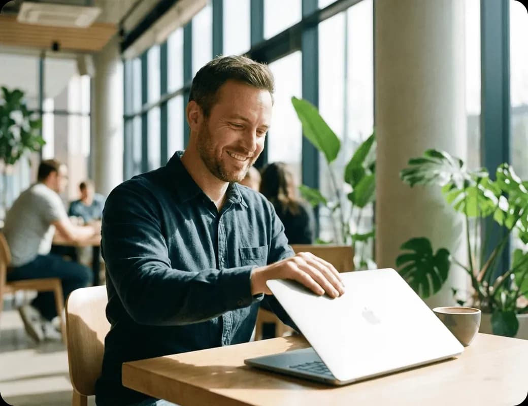 Smiling man closing a silver laptop at a wooden table in a bright room with large windows and green plants.