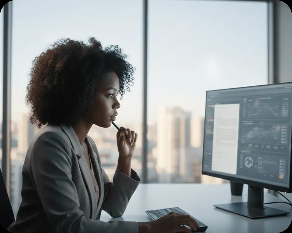 Woman in a gray blazer sitting at a desk, thoughtfully looking at a computer screen displaying data charts and graphs.