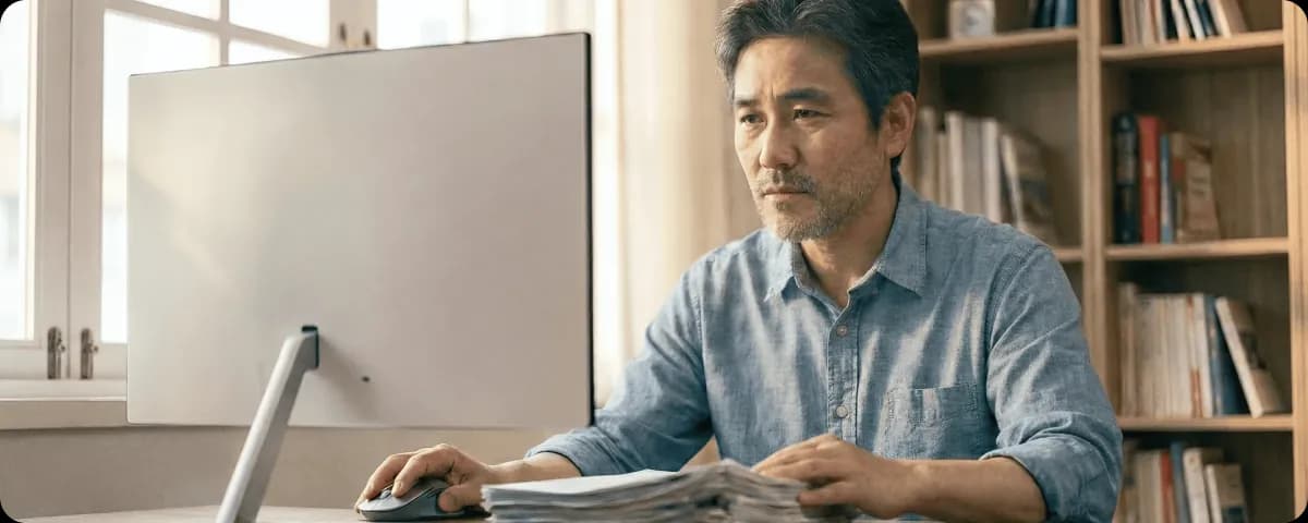 Man in a blue shirt working at a desk with a computer and stacks of paper in a room with bookshelves.