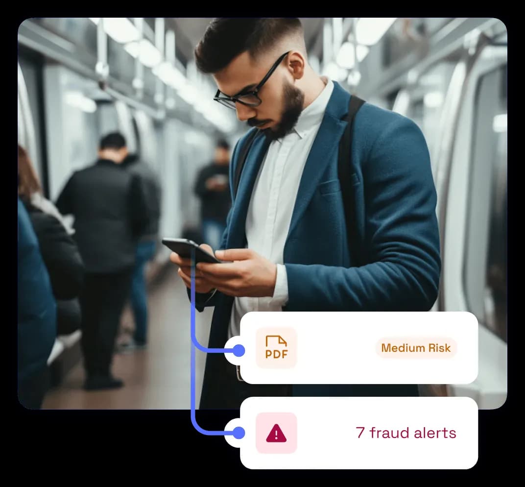 Man in glasses and blue jacket looking at his phone in a subway with indicators showing medium risk PDF and 7 fraud alerts.