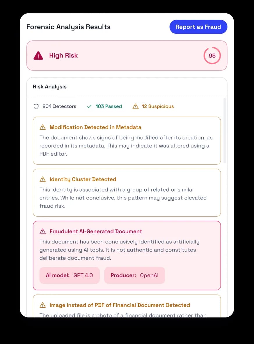 Forensic analysis results showing high risk with a score of 95, highlighting risks such as metadata modification, identity cluster detection, fraudulent AI-generated document by GPT 4.0 from OpenAI, and image instead of PDF of financial document.