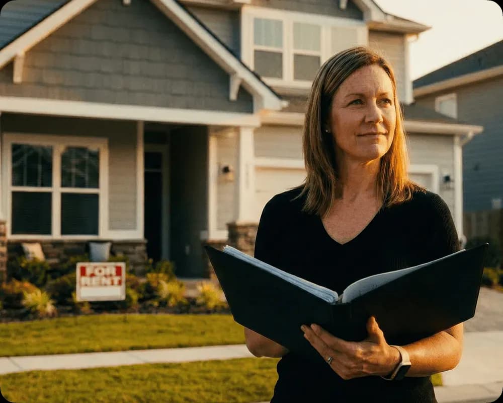 Woman holding an open black folder standing outside a house with a for rent sign on the lawn.