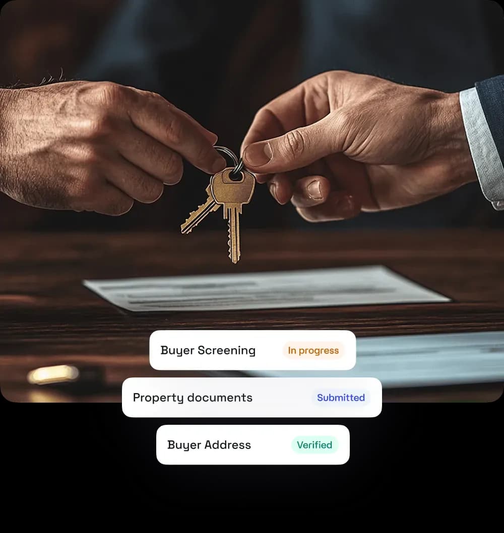 Two hands exchanging a set of keys over a table with documents, with status labels reading Buyer Screening in progress, Property documents submitted, and Buyer Address verified.